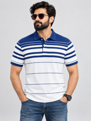 White with Blue Striped Polo - 220 GSM – Kool Kameez