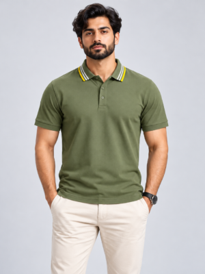 Olive Green with Stripped Tipped Polo - 220 GSM