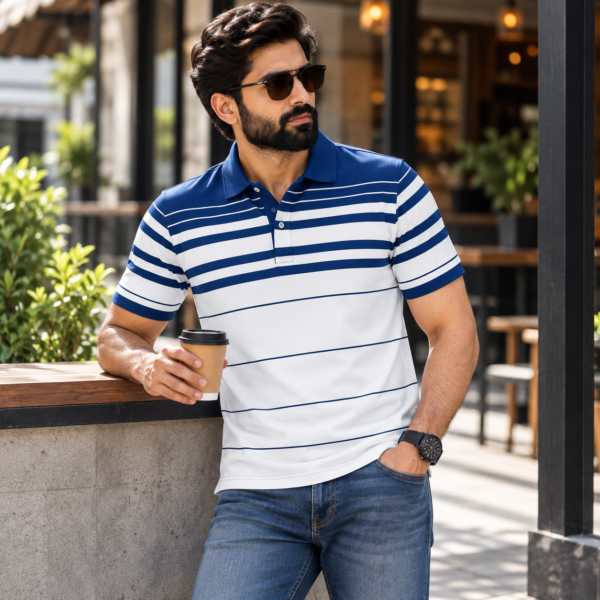 White with Blue Stripped Polo - 220 GSM