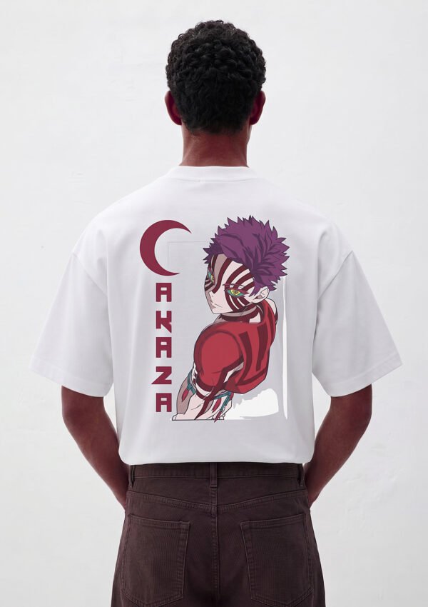 Akaza Crescent Moon Oversized Tee - white back White Akaza anime graphic oversized t-shirt, full back print with crescent moon