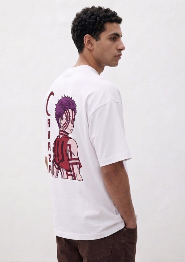 Akaza Crescent Moon Oversized Tee - white back angle White Akaza anime graphic oversized t-shirt, back three-quarter view