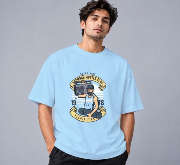 Boombox Hipster 240 GSM Oversized Tee in baby blue, front view – Kool Kameez