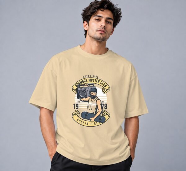 Boombox Hipster Retro Round Neck T-Shirt in beige, front view – Kool Kameez