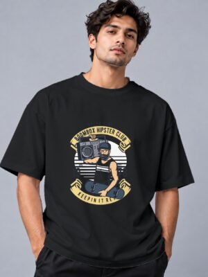 Boombox Hipster 240 GSM Oversized Tee in black, front view – Kool Kameez