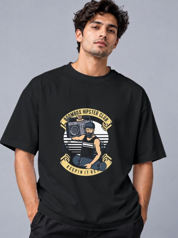 Boombox Hipster 240 GSM Oversized Tee in black, front view – Kool Kameez