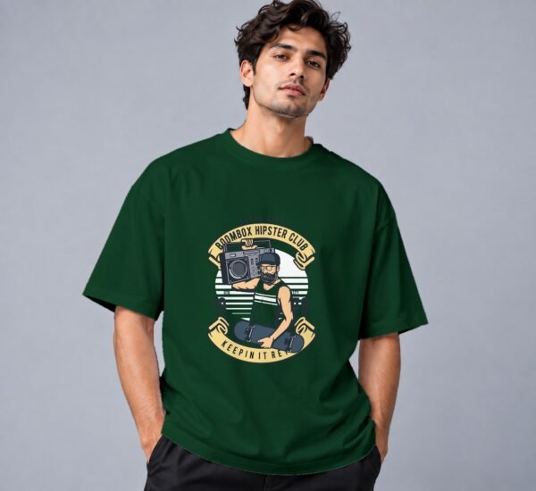 Boombox Hipster 240 GSM Oversized Tee in bottle green, front view – Kool Kameez