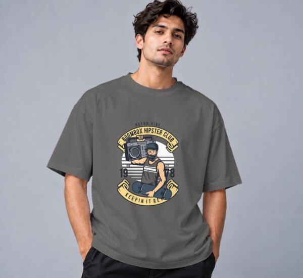 Boombox Hipster Retro Round Neck T-Shirt in charcoal melange, front view – Kool Kameez