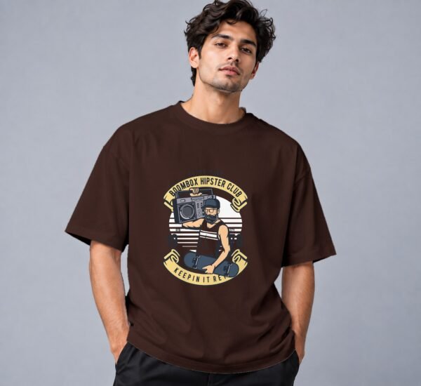 Boombox Hipster Retro Round Neck T-Shirt in coffee brown, front view – Kool Kameez
