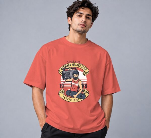 Boombox Hipster 240 GSM Oversized Tee in coral, front view – Kool Kameez