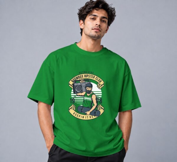 Boombox Hipster Retro Round Neck T-Shirt in flag green, front view – Kool Kameez