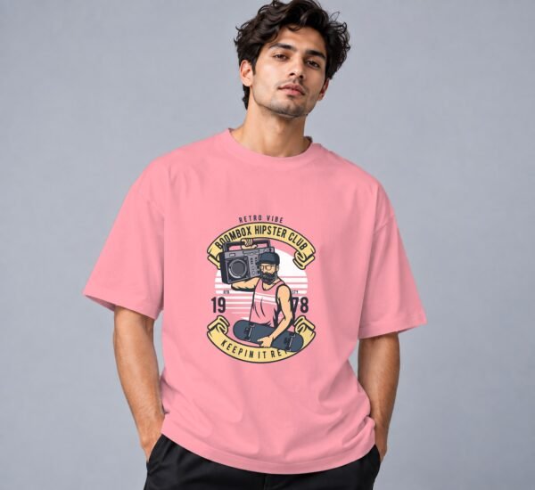 Boombox Hipster Retro Round Neck T-Shirt in flamingo, front view – Kool Kameez