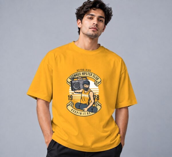 Boombox Hipster 240 GSM Oversized Tee in golden yellow, front view – Kool Kameez
