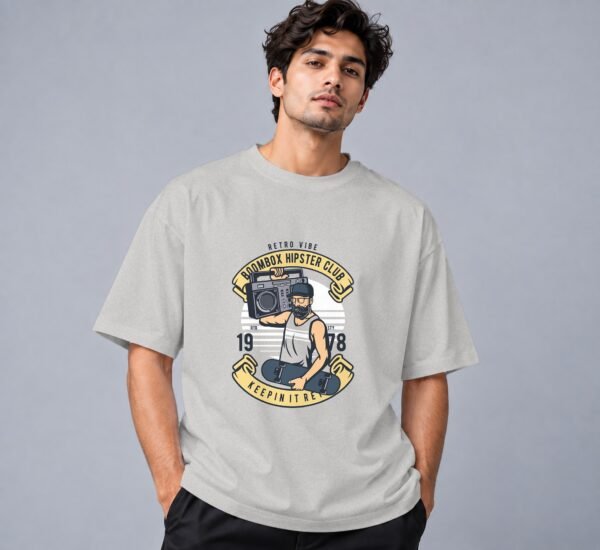 Boombox Hipster 240 GSM Oversized Tee in grey melange, front view – Kool Kameez