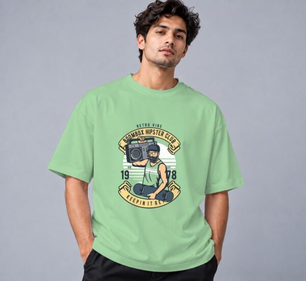 Boombox Hipster Retro Round Neck T-Shirt in jade, front view – Kool Kameez