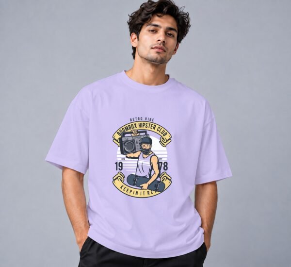 Boombox Hipster 240 GSM Oversized Tee in lavender, front view – Kool Kameez