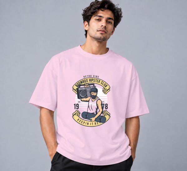 Boombox Hipster 240 GSM Oversized Tee in light baby pink, front view – Kool Kameez