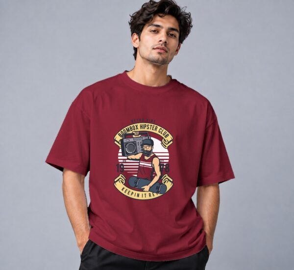 Boombox Hipster 240 GSM Oversized Tee in maroon, front view – Kool Kameez