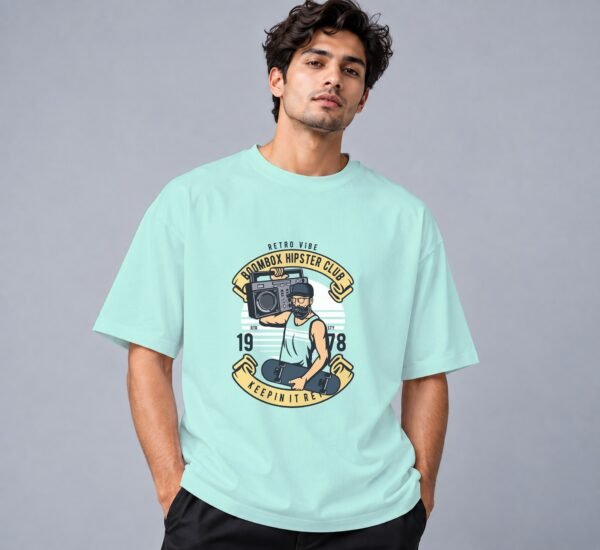 Boombox Hipster 240 GSM Oversized Tee in mint, front view – Kool Kameez