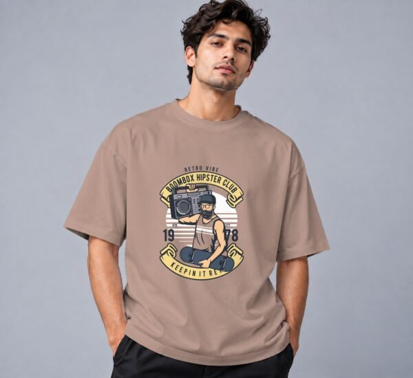 Boombox Hipster Retro Round Neck T-Shirt in mushroom, front view – Kool Kameez