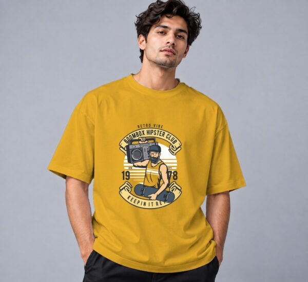 Boombox Hipster 240 GSM Oversized Tee in mustard yellow, front view – Kool Kameez