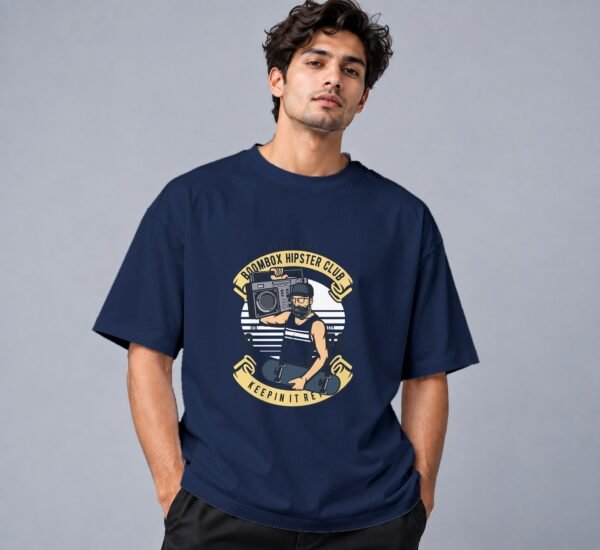 Boombox Hipster 240 GSM Oversized Tee in navy blue, front view – Kool Kameez