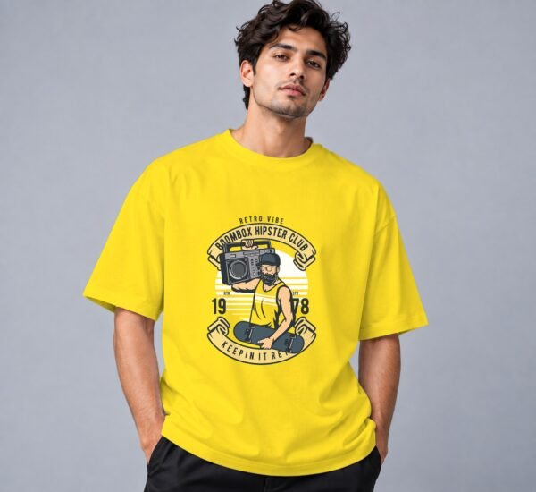 Boombox Hipster Retro Round Neck T-Shirt in new yellow, front view – Kool Kameez