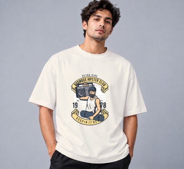 Boombox Hipster 240 GSM Oversized Tee in off white, front view – Kool Kameez