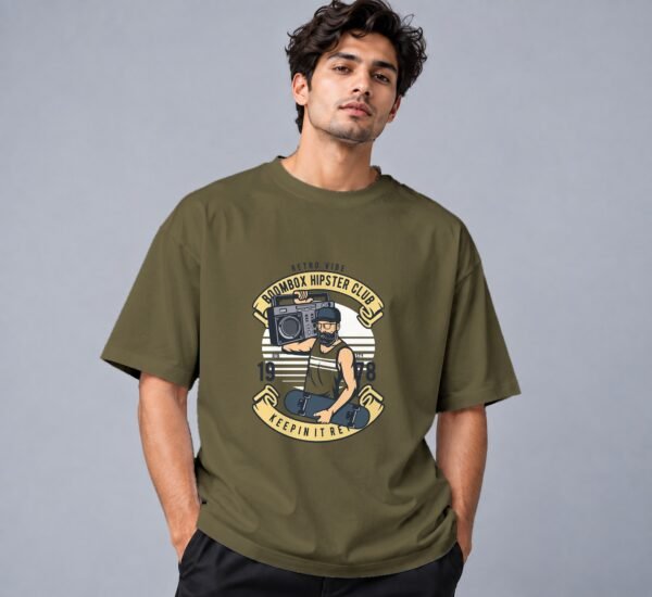 Boombox Hipster 240 GSM Oversized Tee in olive green, front view – Kool Kameez