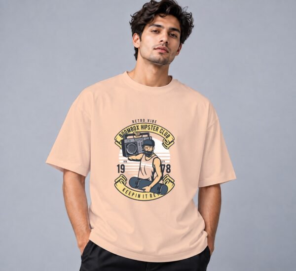 Boombox Hipster Retro Round Neck T-Shirt in peach, front view – Kool Kameez