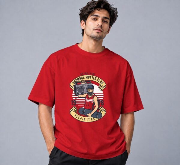 Boombox Hipster 240 GSM Oversized Tee in red, front view – Kool Kameez