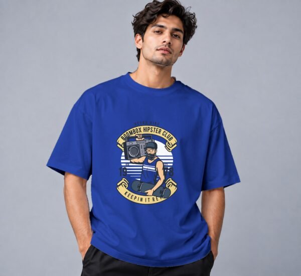 Boombox Hipster 240 GSM Oversized Tee in royal blue, front view – Kool Kameez