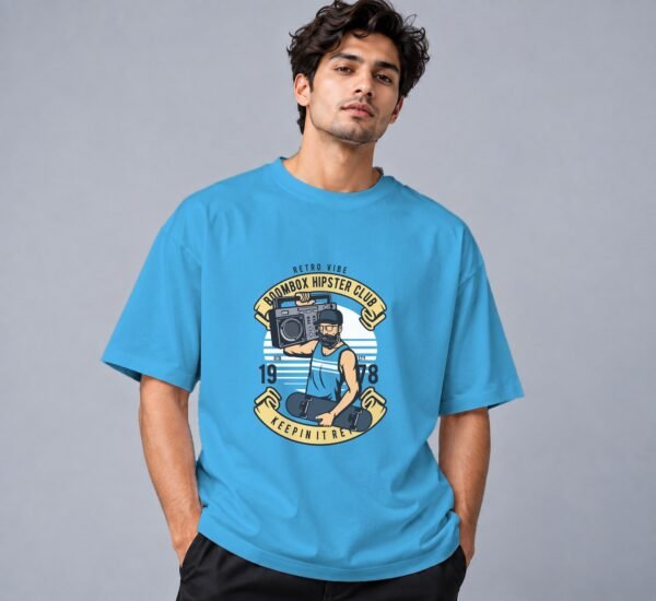 Boombox Hipster Retro Round Neck T-Shirt in skyblue, front view – Kool Kameez