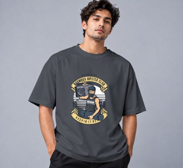 Boombox Hipster Retro Round Neck T-Shirt in steel grey, front view – Kool Kameez