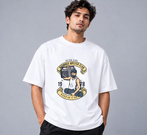 Boombox Hipster 240 GSM Oversized Tee in white, front view – Kool Kameez