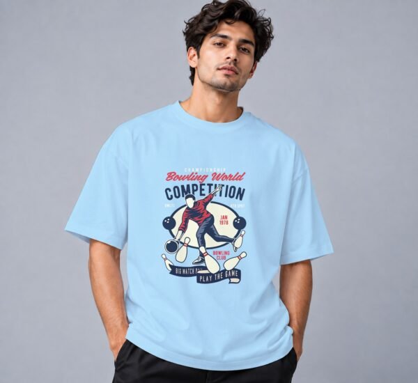 bowling-world-competition-tshirt-baby-blue-front Bowling World Competition 240 GSM Oversized Tee in baby blue, front view – Kool Kameez