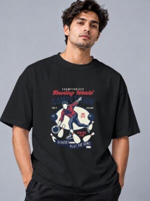 Bowling World Competition 240 GSM Oversized Tee in black, front view – Kool Kameez