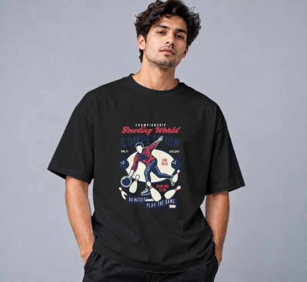 bowling-world-competition-tshirt-black-front Bowling World Competition 240 GSM Oversized Tee in black, front view – Kool Kameez