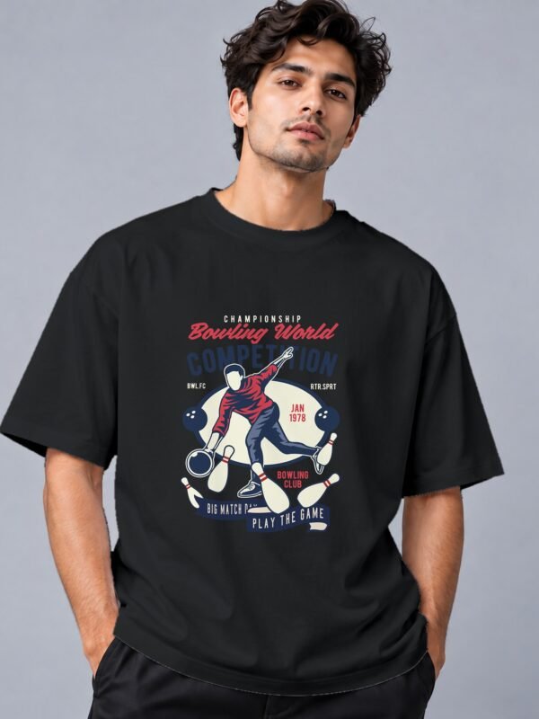bowling-world-competition-tshirt-black-front Bowling World Competition 240 GSM Oversized Tee in black, front view – Kool Kameez
