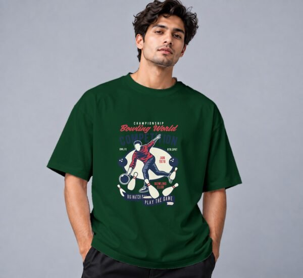 bowling-world-competition-tshirt-bottle-green-front Bowling World Competition 240 GSM Oversized Tee in bottle green, front view – Kool Kameez
