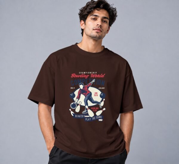 Bowling World Competition Retro Round Neck T-Shirt in coffee brown, front view – Kool Kameez