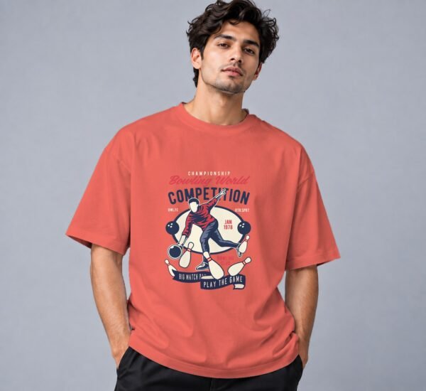 bowling-world-competition-tshirt-coral-front Bowling World Competition 240 GSM Oversized Tee in coral, front view – Kool Kameez