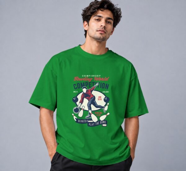 Bowling World Competition Retro Round Neck T-Shirt in flag green, front view – Kool Kameez