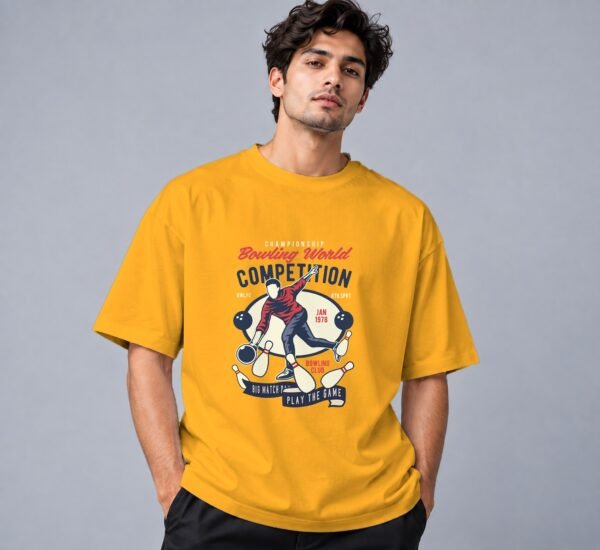 bowling-world-competition-tshirt-golden-yellow-front Bowling World Competition 240 GSM Oversized Tee in golden yellow, front view – Kool Kameez