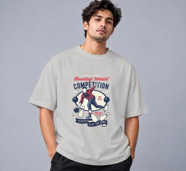 bowling-world-competition-tshirt-grey-melange-front Bowling World Competition 240 GSM Oversized Tee in grey melange, front view – Kool Kameez