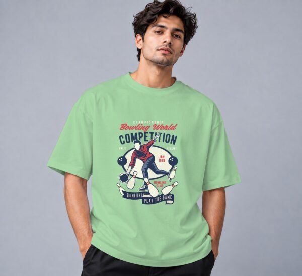 Bowling World Competition Retro Round Neck T-Shirt in jade, front view – Kool Kameez
