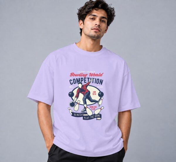 bowling-world-competition-tshirt-lavender-front Bowling World Competition 240 GSM Oversized Tee in lavender, front view – Kool Kameez