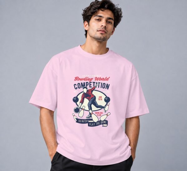 bowling-world-competition-tshirt-light-baby-pink-front Bowling World Competition 240 GSM Oversized Tee in light baby pink, front view – Kool Kameez
