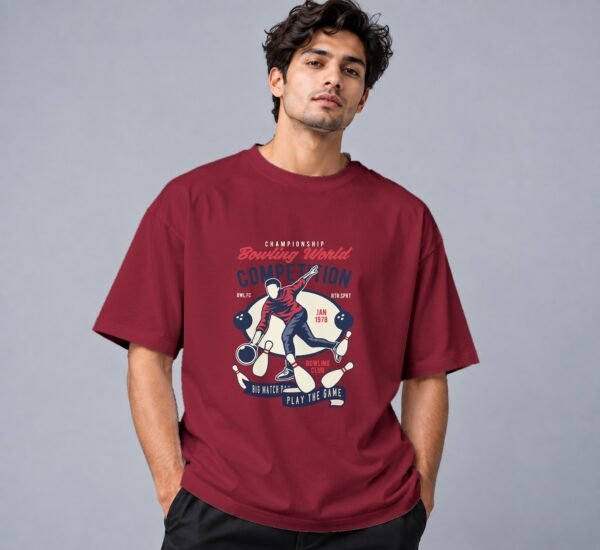 bowling-world-competition-tshirt-maroon-front Bowling World Competition 240 GSM Oversized Tee in maroon, front view – Kool Kameez