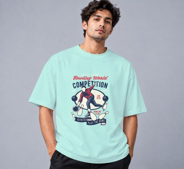 bowling-world-competition-tshirt-mint-front Bowling World Competition 240 GSM Oversized Tee in mint, front view – Kool Kameez