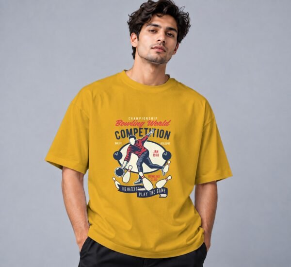 bowling-world-competition-tshirt-mustard-yellow-front Bowling World Competition 240 GSM Oversized Tee in mustard yellow, front view – Kool Kameez